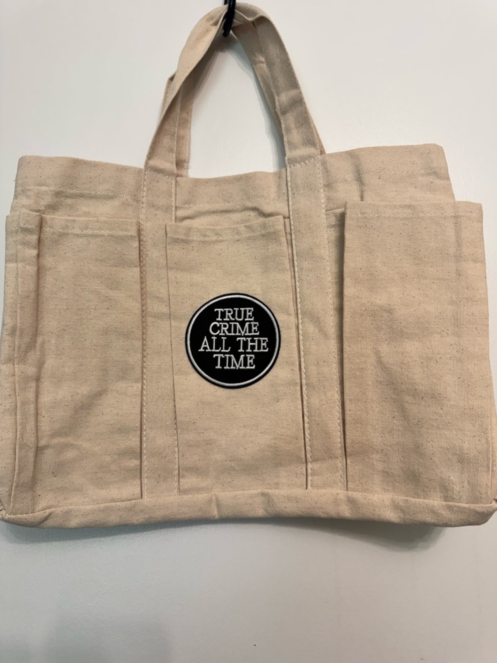 Canvas Tote Bag with 'True Crime All The Time' Patch - Natural